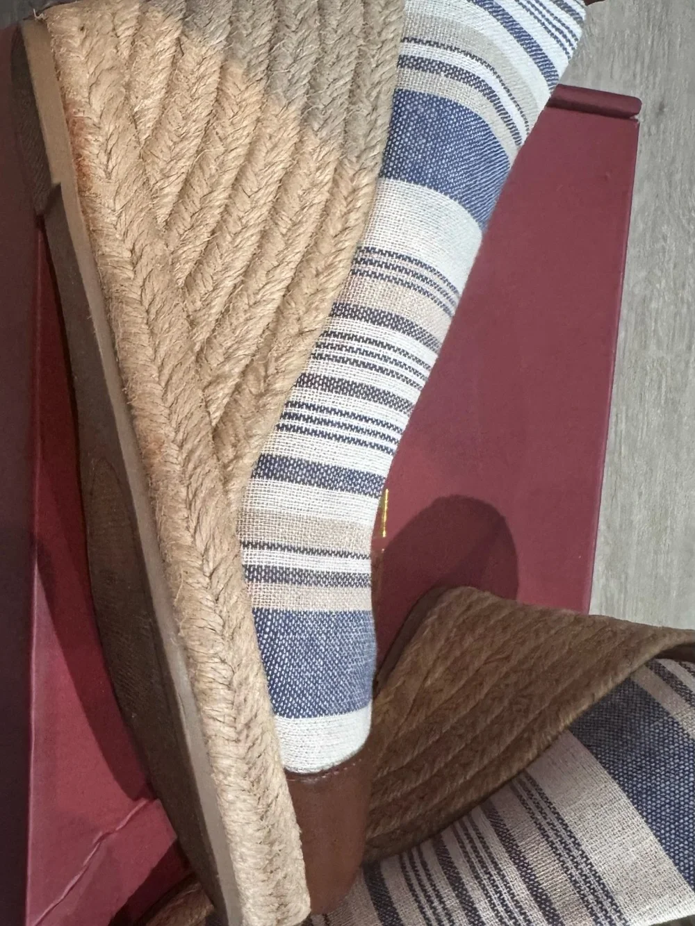 G.H. Bass & Co. Blue and White Striped Espadrille Wedge with Brown Cap Toe